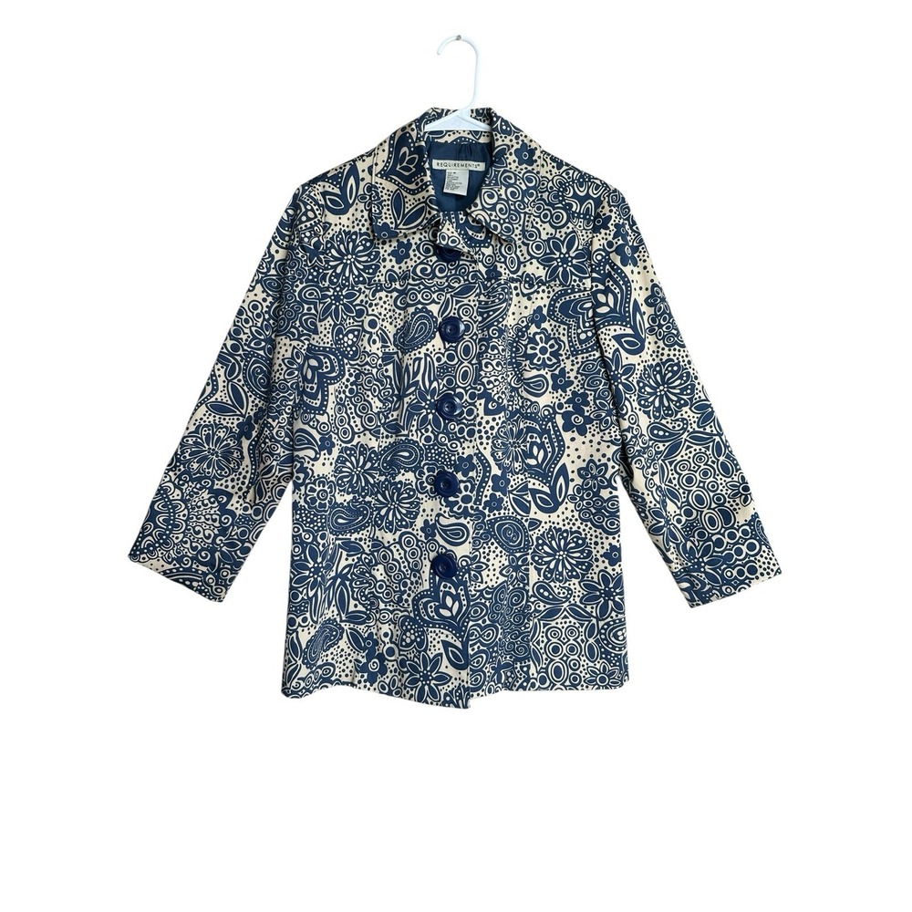 Requirements Blue & Tan Flowerdot Design Jacket Blazer Women's Medium Whimsical